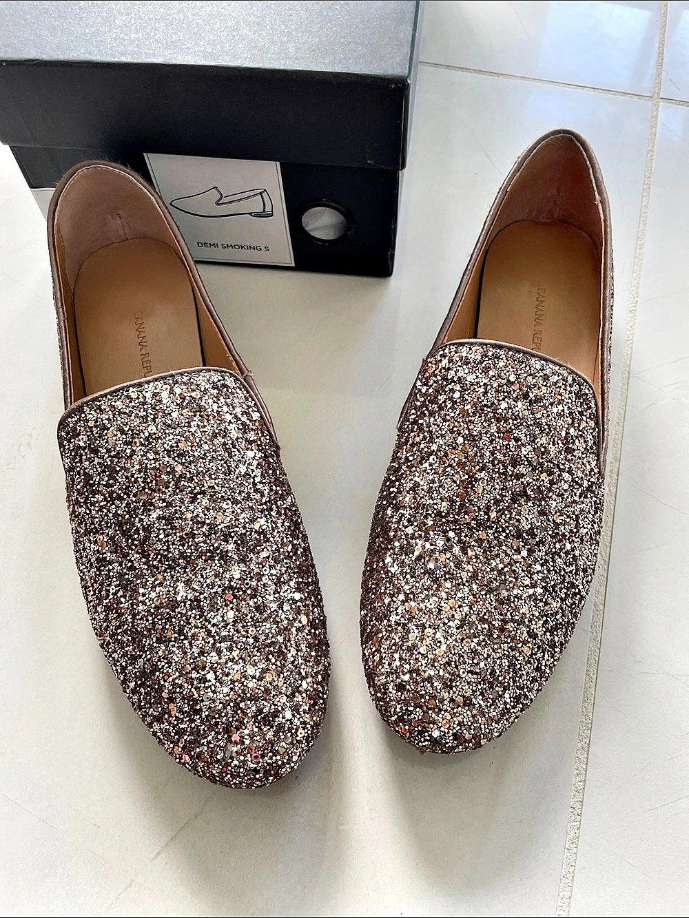 Banana Republic Demi Smoking Slipper Glitter Loafers Brown & Silver US 7